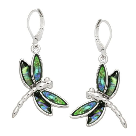 Jewelry - Abalone Dragonfly Earrings Silver Tone